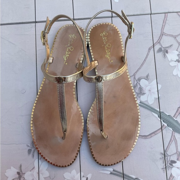 Lilly Pulitzer Gold and Tan Sandals T-Strap Design - Picture 2 of 5
